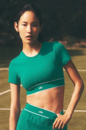 Alo Softsculpt Amp It up Short Sleeve Bra - Emerald Isle