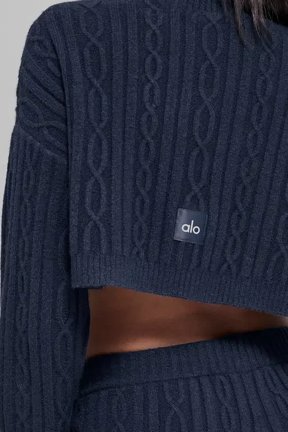 Cable Knit Cropped Winter Bliss Turtleneck Long Sleeve - Navy