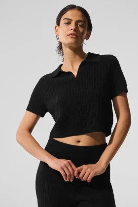 Cashmere Plush Waffle Polo Tee - Black
