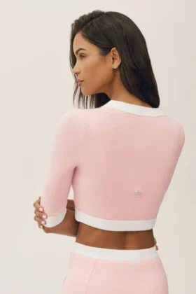 Cotton Cashmere Cropped Capri Dream Cardigan – Sundrenched Pink/White