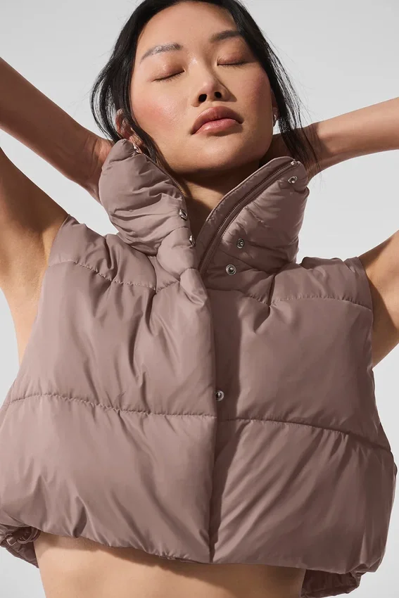 Cropped Gold Rush Puffer Vest - Mushroom