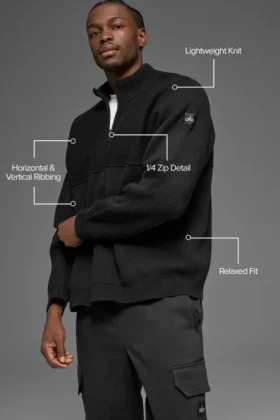 Domain Shift Rib Knit 1/4 Zip Sweater – Black