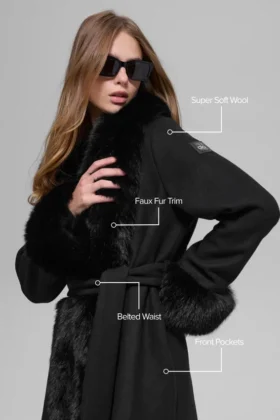 Faux Fur Trimmed Longline Coat – Black