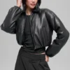 Faux Leather Cropped Premier Bomber - Black