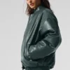 Faux Leather Premier Bomber - Charcoal Green
