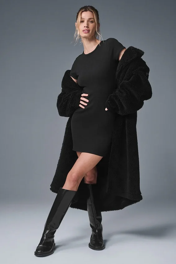 Goddess Ribbed Short Sleeve Dress - Black