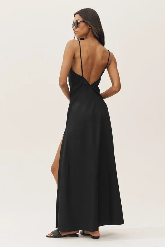 Linen Blend Riviera Maxi Dress - Black