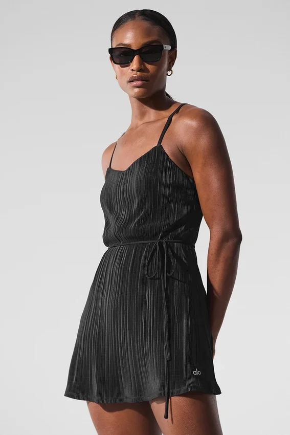 Micro Plisse Game on Tennis Dress - Black