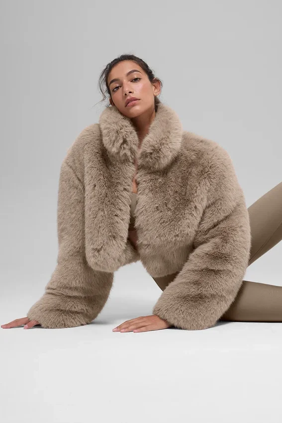 Opulent Faux Fur Cropped Jacket - Oat