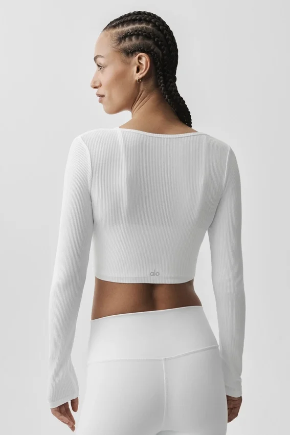 Ribbed Cropped Whisper Cardigan - White