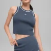 Ribbed Sweater Knit Highline Cropped Tank - Bluestone/White