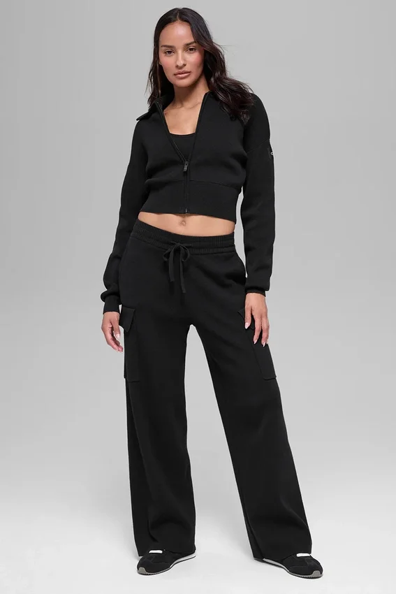 Scholar Knit Cropped Full Zip Jacket - Black