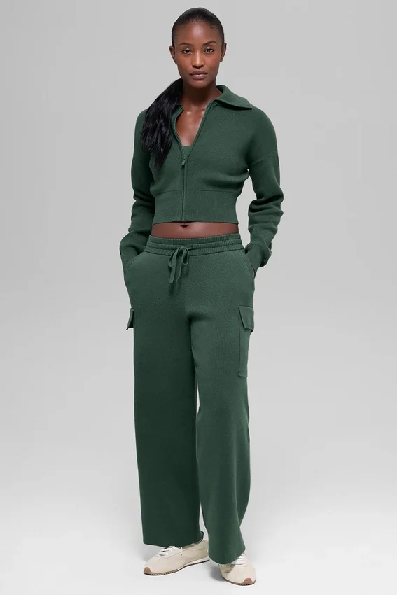 Scholar Knit Cropped Full Zip Jacket - Clover Green