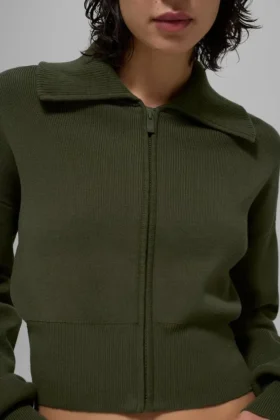 Scholar Knit Cropped Full Zip Jacket – Green Olive