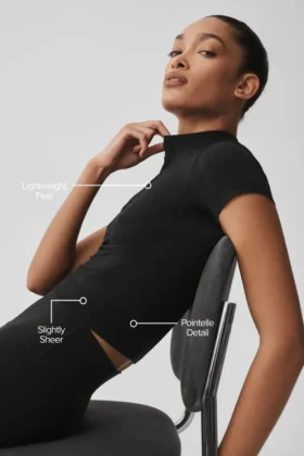 Seamless Pointelle Mock Neck Short Sleeve – Black