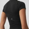 Seamless Pointelle Mock Neck Short Sleeve - Black