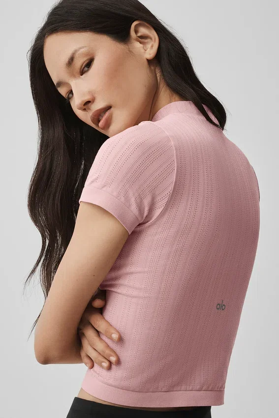 Seamless Pointelle Mock Neck Short Sleeve - Vintage Pink
