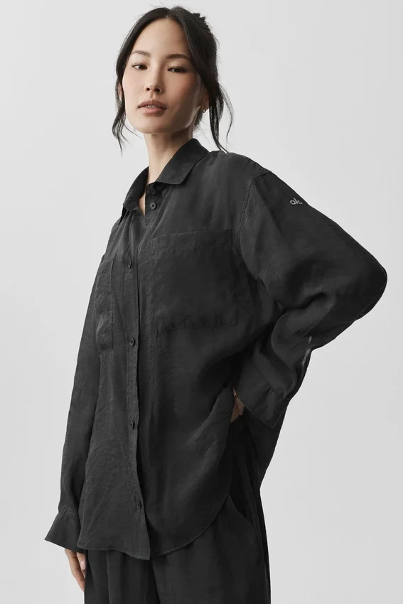 Semi-Sheer Golden Hour Button Down Long Sleeve - Black