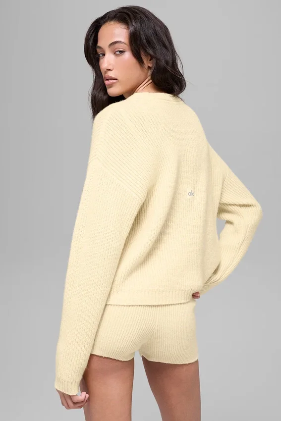 Wool Cashmere Ribbed Noble Crewneck Sweater - Candlelight Yellow