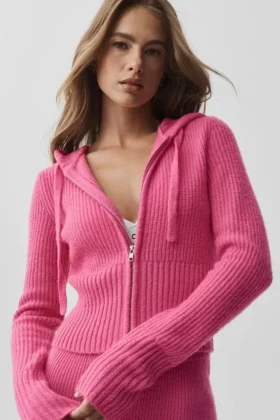 Wool Cashmere Ribbed Noble Full Zip Hoodie – Paradise Pink